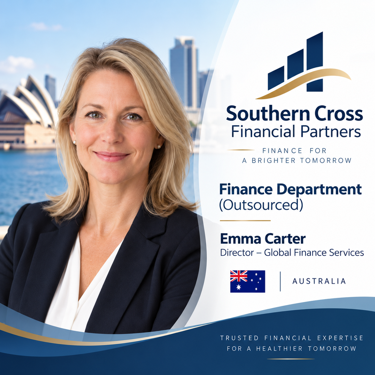 Finance Department (outsourced): Southern Cross Financial Partners, Emma Carter, Director of Global Finance Services, Australia.
